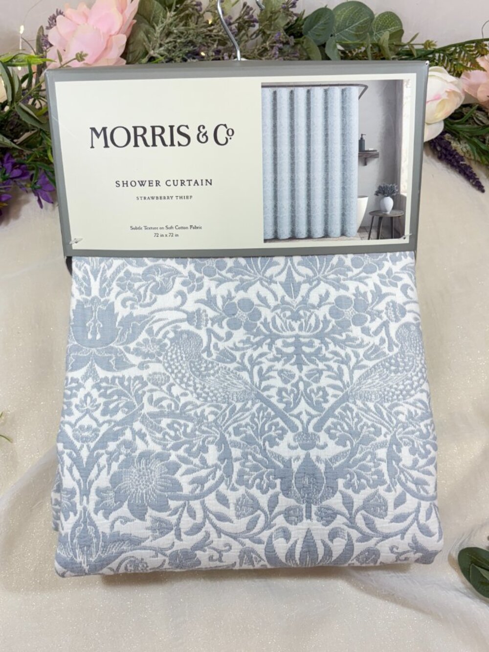 Morris & Co. Jacquard Fabric Shower Curtain Strawberry Thief French Blue New